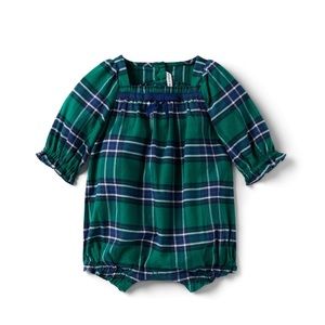 Janie and Jack Baby Plaid Ruffle Bow Romper NWT 6-12 Holiday Green Blue